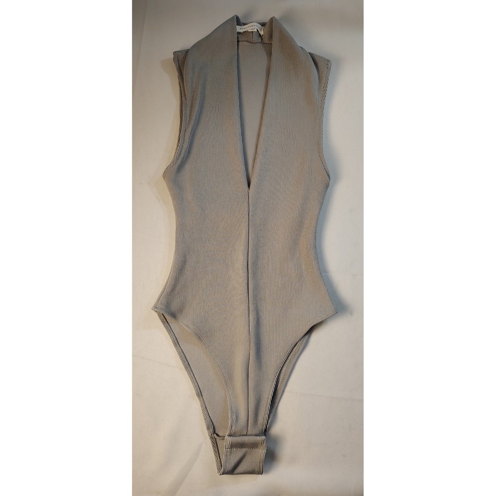 Dance & Marvel Ribbed Deep V-Neck Sleeveless Bodysuit Taupe Grey Casual Style Sm